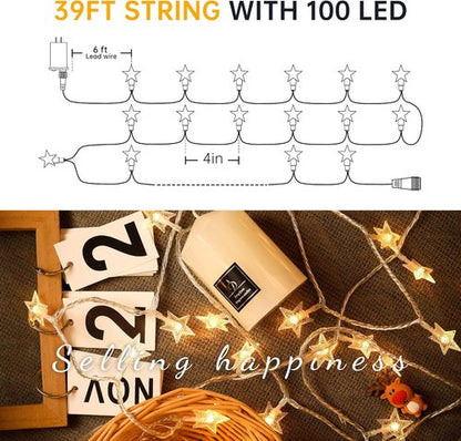 HEYFUNi 39FT Warm White Star String Lights - 100 LED Fairy Twinkle Lights with 8 Modes | Waterproof Indoor/Outdoor Decor