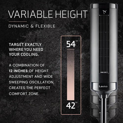 Lasko Elevation Adjustable Tower Fan - 42”-54” Height, 31 ft/s Airflow, Quiet 28 dB, 90° Oscillation, Remote Control - Black