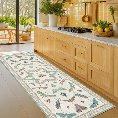 Hazo Haus Boho Bathroom Runner - 2x6 Non-Slip Washable Rug in Blue and Green Butterfly Print