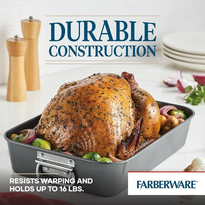 Farberware Nonstick Steel Roaster - 11-Inch x 15-Inch with Flat Rack | Durable Gray Bakeware