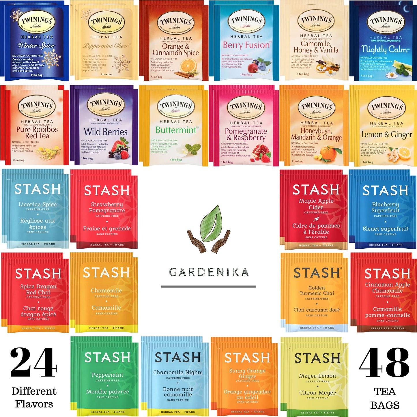 Stash Twinings Herbal Tea Sampler - Caffeine-Free Assortment - Individually Wrapped Flavored Bags - 48 Ct, 24 Flavors