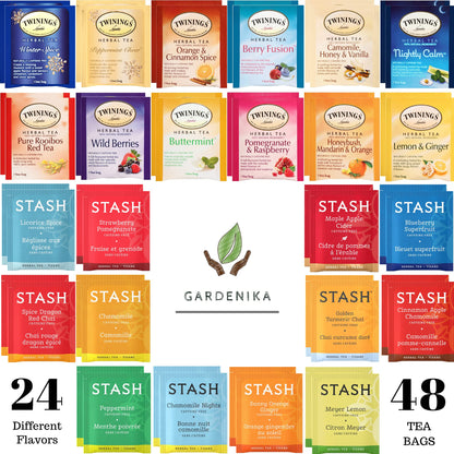 Stash Twinings Herbal Tea Sampler - Caffeine-Free Assortment - Individually Wrapped Flavored Bags - 48 Ct, 24 Flavors