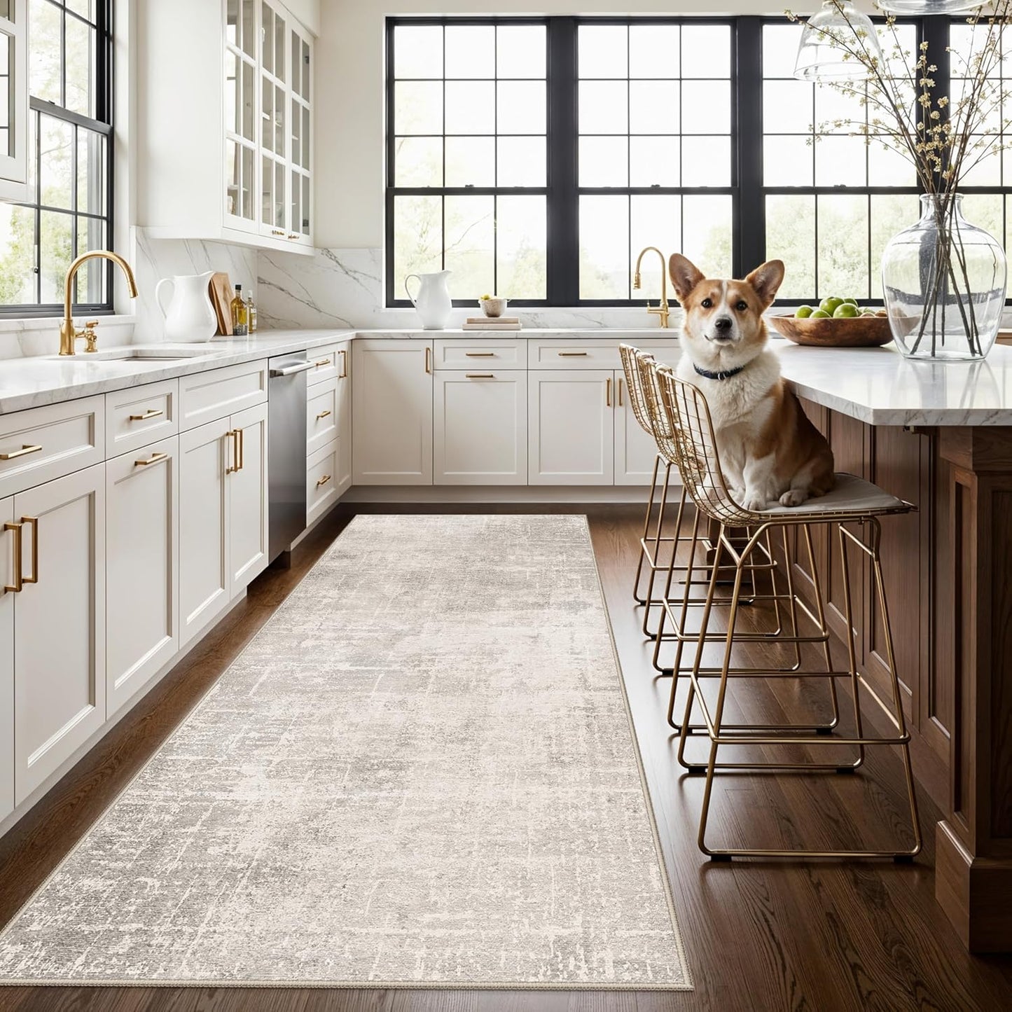 Skiennix Washable 4x8 Hallway Area Rug - Abstract Water Resistant Soft Runner | Non-Slip Low Pile Carpet in Beige/Cream