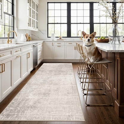 Skiennix Washable 4x8 Hallway Area Rug - Abstract Water Resistant Soft Runner | Non-Slip Low Pile Carpet in Beige/Cream