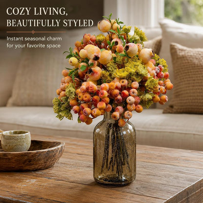 Artificial Berry Stems with Eucalyptus & Blueberries - 3 Bunches, 13in Each - Yellow Variation