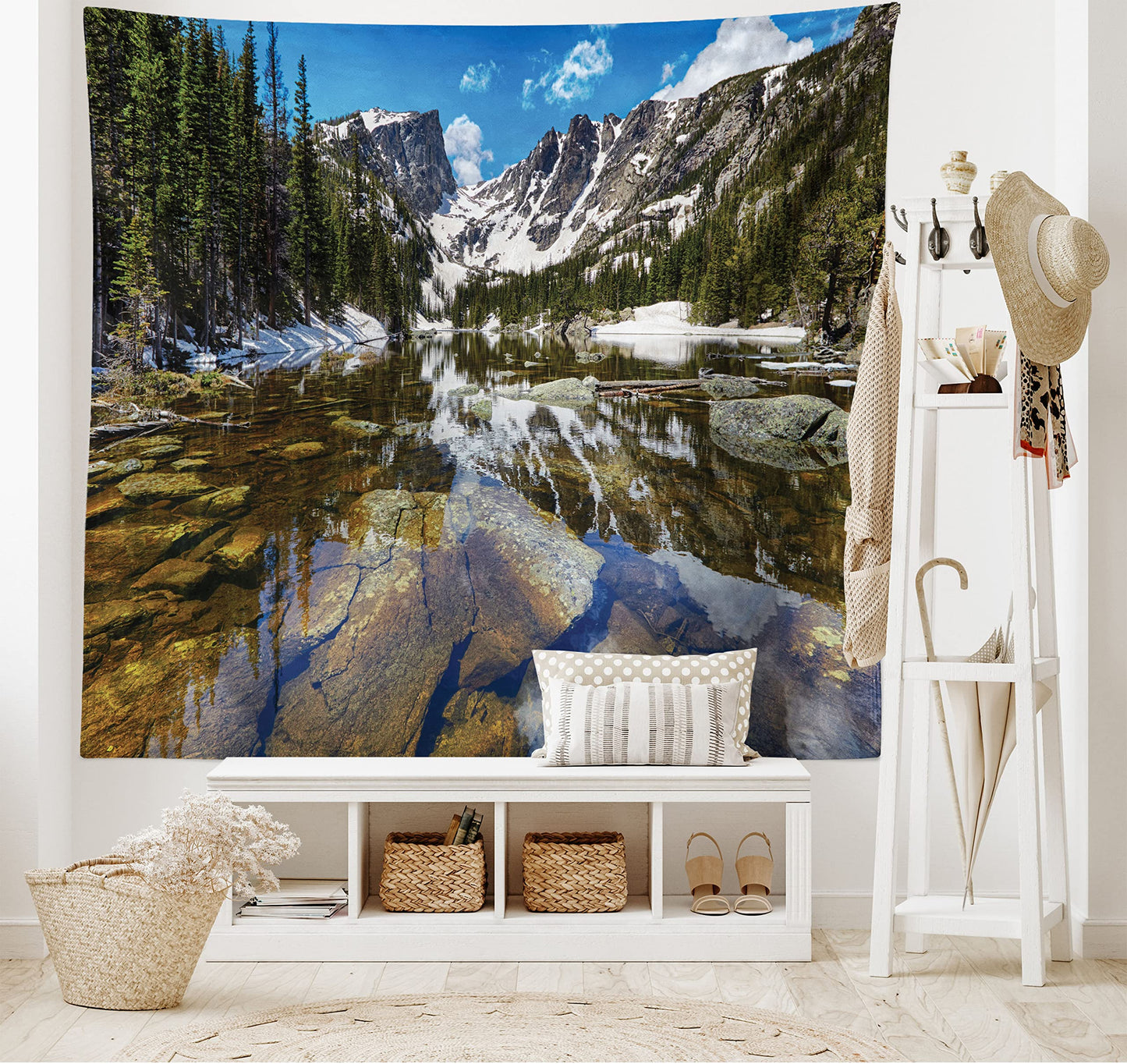 Ambesonne Landscape Tapestry, Dream Mirroring Lake at the Mountain Park in West America River Snow Print, Wide Wall Hanging for Bedroom Living Room Dorm, 60" X 40", Green Brown Blue