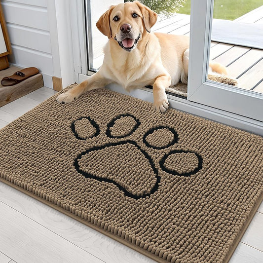 OLANLY Dog Door Mat for Muddy Paws 36x24, Paw Print Design, Absorbs Moisture and Dirt, Absorbent Non-Slip Washable Doormat, Quick Dry Chenille Mud Mat for Dogs, Entry Indoor Entryway Carpet, Tan