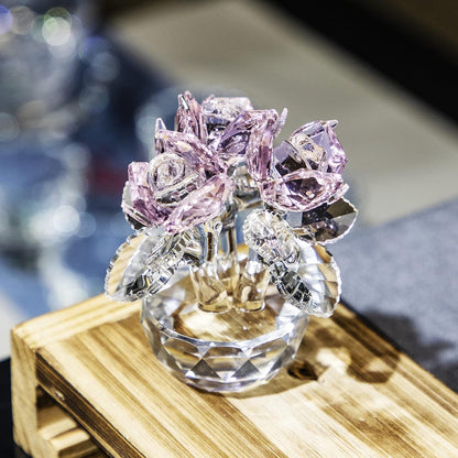 QFkris Pink Crystal Rose Bouquet | Elegant Glass Flower Figurine for Home Decor - 2.8" Ornament for Women