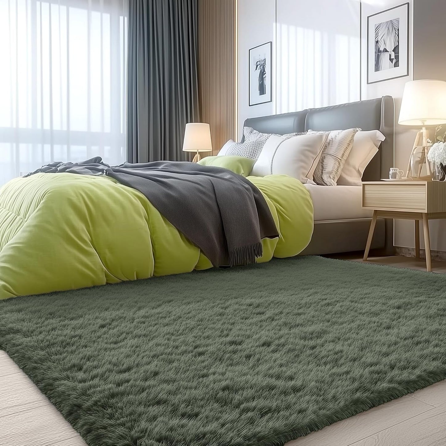 OLANLY 3x5 Soft Fluffy Shaggy Bedside Rug - Machine Washable Indoor Carpet for Kids & Nursery | Olive Green