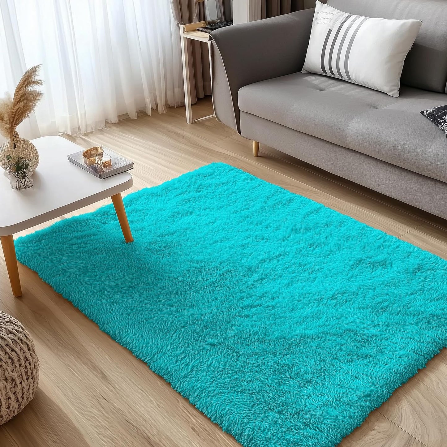 OLANLY Small Bedside Rug - Soft Fluffy Shaggy Carpet for Living Room & Bedroom | Teal Blue 3x5 ft