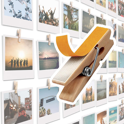 Skiennix Mini Self-Adhesive Clips - 20 Pack Beige Wood Photo Holders for Wall Display & Artwork Decor