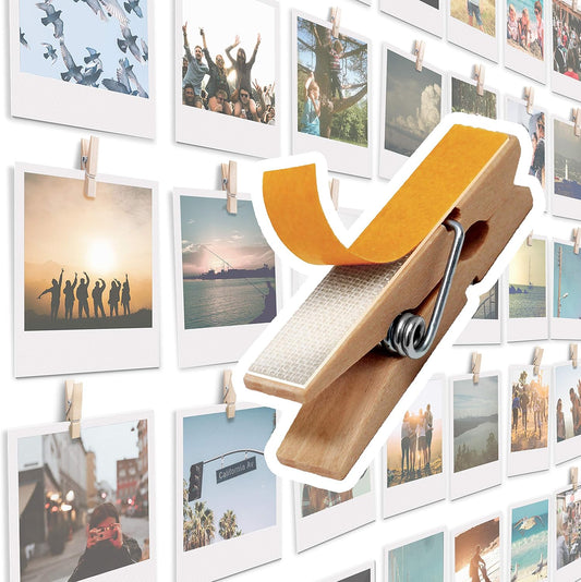 Skiennix Mini Self-Adhesive Clips - 20 Pack Beige Wood Photo Holders for Wall Display & Artwork Decor