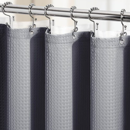 Dynamene Grey Shower Curtain and Liner Set, Waffle Weave Fabric, Waterproof Clear Liner, 256GSM Heavy Duty Weighted Hotel Luxury Shower Curtains for Bathroom with 12 Plastic Hooks, 72Wx72H