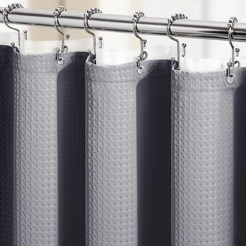 Dynamene Grey Shower Curtain and Liner Set, Waffle Weave Fabric, Waterproof Clear Liner, 256GSM Heavy Duty Weighted Hotel Luxury Shower Curtains for Bathroom with 12 Plastic Hooks, 72Wx72H