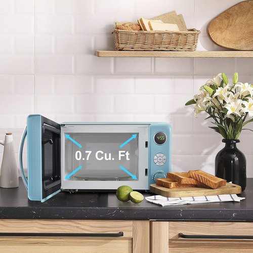 Galanz Retro Microwave Oven - 0.7 Cu Ft, LED Lighting, Pull Handle Design, Child Lock | Bebop Blue