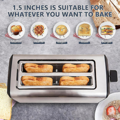 Skiennix 4-Slice Stainless Steel Toaster - Extra Wide 1.5” Slots, 6 Shade Settings & Removable Crumb Tray