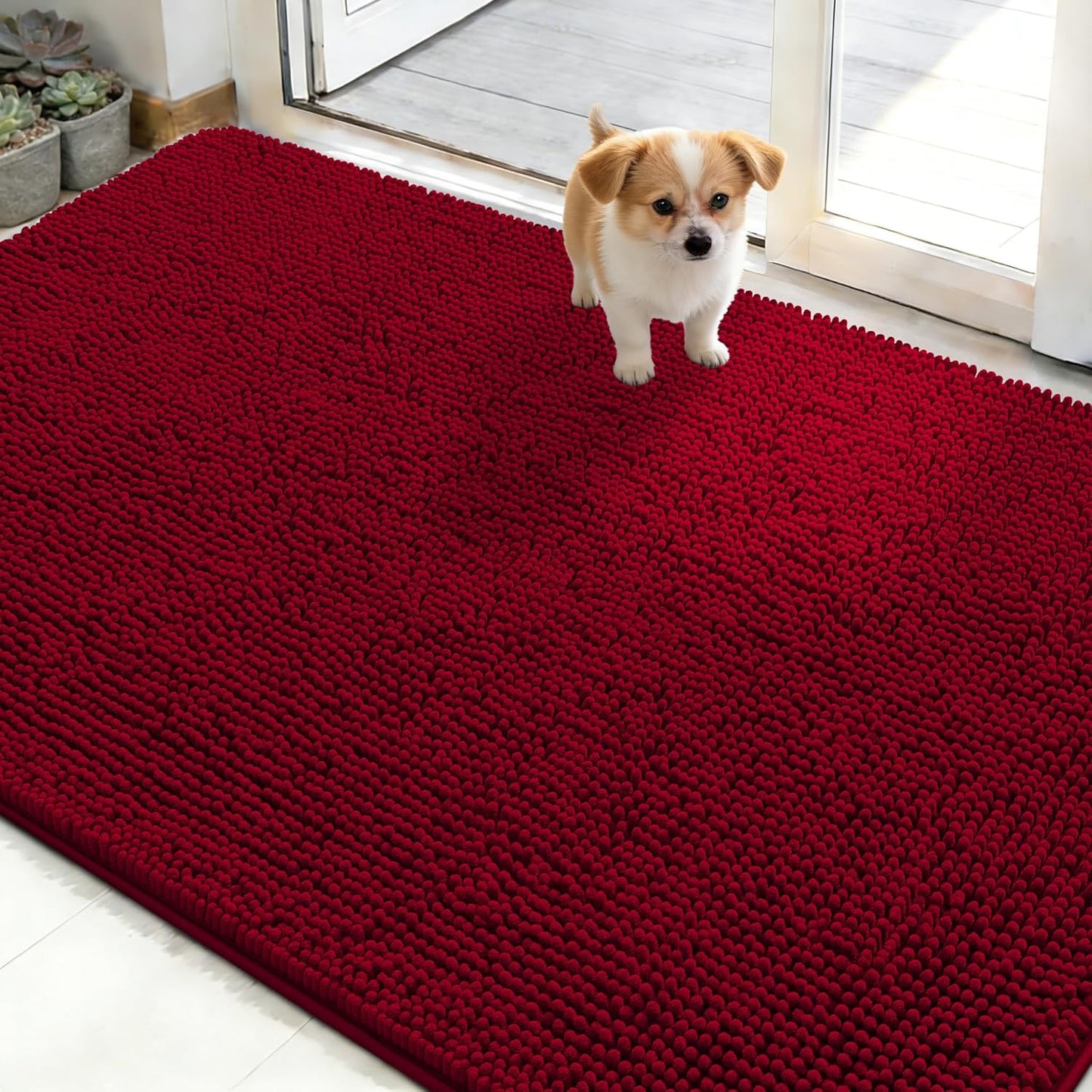 OLANLY Dog Door Mat - Absorbent Non-Slip Washable Chenille Mat for Muddy Paws | 48x30 Red