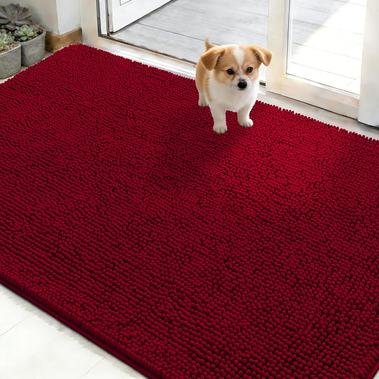 OLANLY Dog Door Mat - Absorbent Non-Slip Washable Chenille Mat for Muddy Paws | 48x30 Red