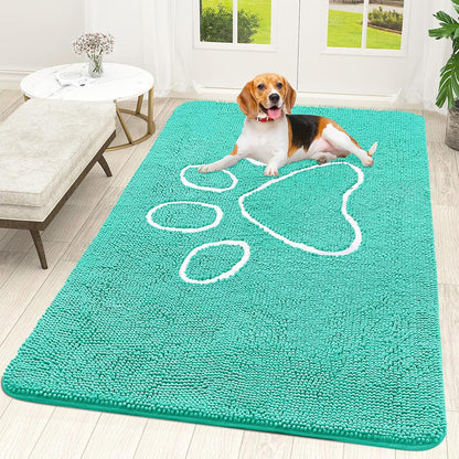 OLANLY Dog Door Mat - Absorbent Non-Slip Mud Mat for Muddy Paws | 59x35 Teal Paw Print Design
