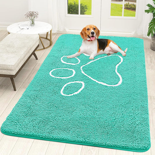 OLANLY Dog Door Mat - Absorbent Non-Slip Mud Mat for Muddy Paws | 59x35 Teal Paw Print Design