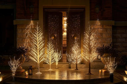 Lighted Alpine Tree 6FT with 810 LED Warm White Lights - White Bark Finish, Ground Stakes Included
