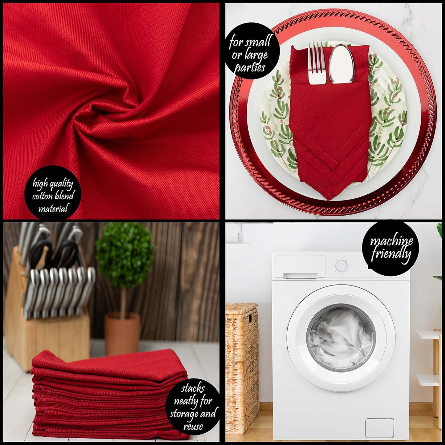 PERLLI Christmas Red Cloth Dinner Napkins - Soft Cotton Blend, 18x18 Inches, 12 Pack | Washable & Reusable Table Decor