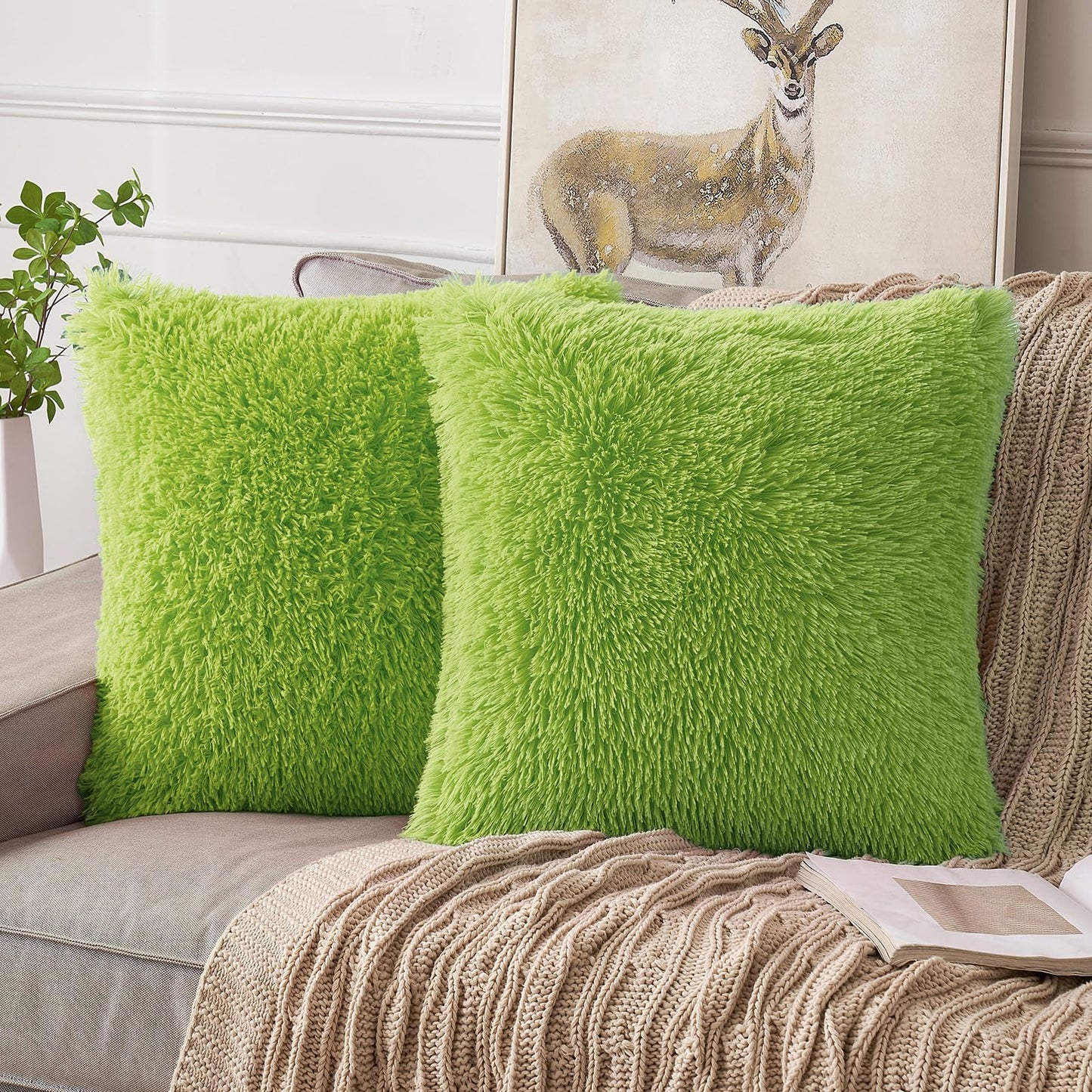 ANRODUO Pack of 2 Lime Green Throw Pillows Luxury Fluffy Pillows Faux Fur Decorative Pillows Plush Cushion Case Fuzzy Mongolian Merin Style for Bed Couch Sofa Living Room Fall Home Decor 26x26 Inch