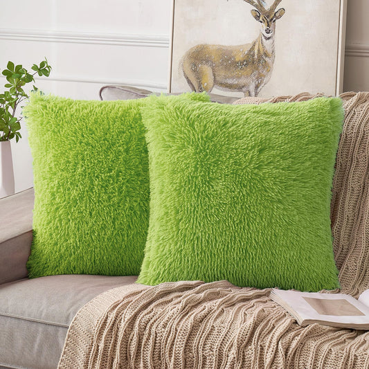 ANRODUO Pack of 2 Lime Green Throw Pillows Luxury Fluffy Pillows Faux Fur Decorative Pillows Plush Cushion Case Fuzzy Mongolian Merin Style for Bed Couch Sofa Living Room Fall Home Decor 26x26 Inch