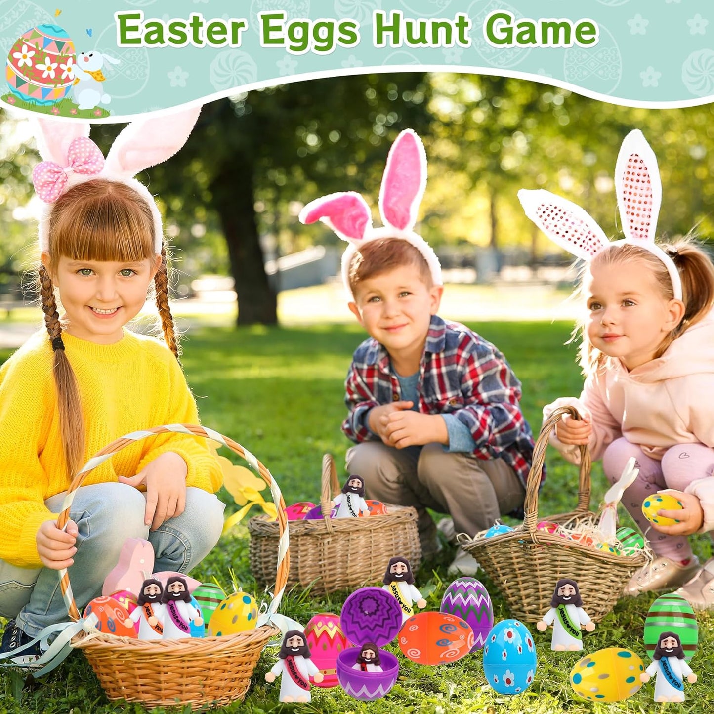 Religious Easter Basket Stuffers - 60 PCS Jesus Figurines & Colorful Eggs for Kids' Egg Hunt