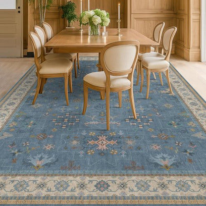 Hazo Haus Blue Area Rug - Dusty Blue 10x12 Washable Floral Design for Living Room & Bedroom Decor