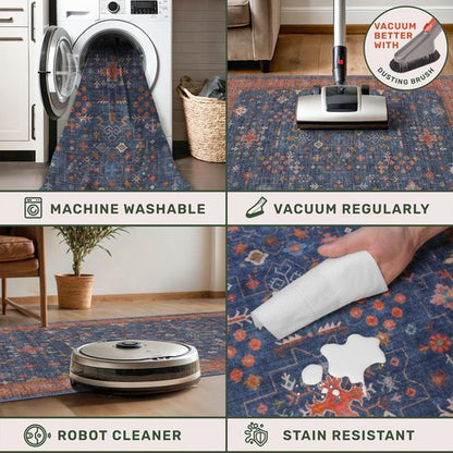 Washable 4x6 Small Rug for Living Room, Area Rug for Kitchen, Bedside, Large Entryway Indoor - Stain Resistant Non Skid Non Slip with Rubber Backing, Boho Aethestic Décor (4x6 Navy Blue)