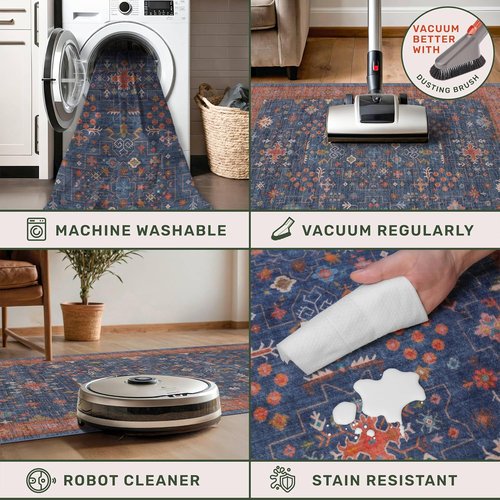 Hazo Haus Area Rug - Washable 7x9 Vintage Boho Dining Room Rug | Non-Slip Low Pile Design in Navy Blue