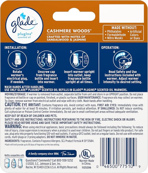 Glade PlugIns Air Freshener Starter Kit - Cashmere Woods Scented Oils | 0.67 Fl Oz, 1 Warmer + 1 Refill
