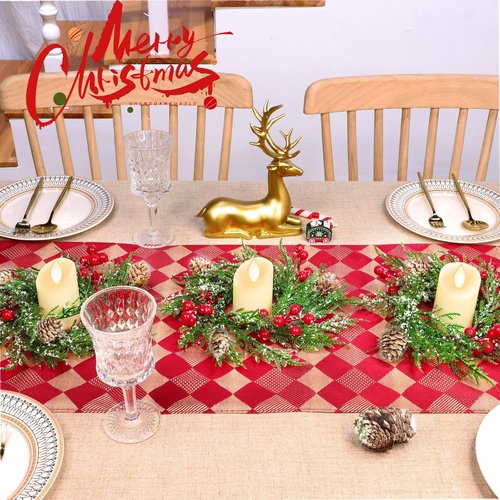 Flocked Mini Christmas Wreath Candle Rings by [Brand Name] - 6 Pack, 9"x3.5" Snowy Cypress with Red Berries & Pinecones for Holiday Table Decor