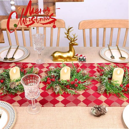 Flocked Mini Christmas Wreath Candle Rings by [Brand Name] - 6 Pack, 9"x3.5" Snowy Cypress with Red Berries & Pinecones for Holiday Table Decor