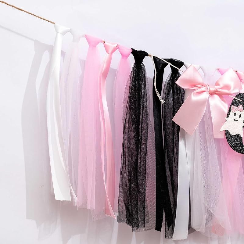 Halloween Ghost One High Chair Banner with Pink, Black & White Tulle Skirt