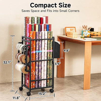 Aquzee Gift Wrapping Paper Organizer - Vertical Storage Cart with 9 Adjustable Rods & 12 PCS Slap Bands - Black