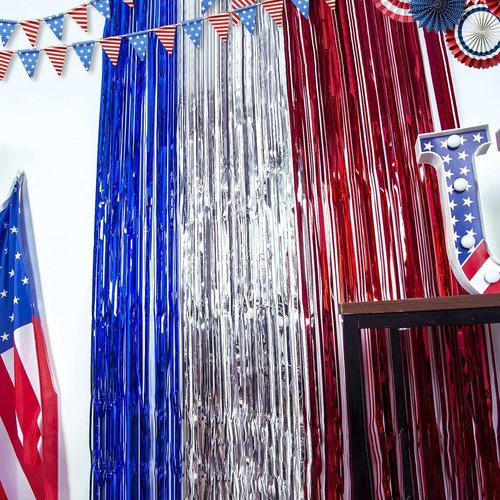 LOLStar 4th of July Decorations - 3-Pack Red, White & Blue Streamers | Patriotic Foil Fringe Curtains & Props
