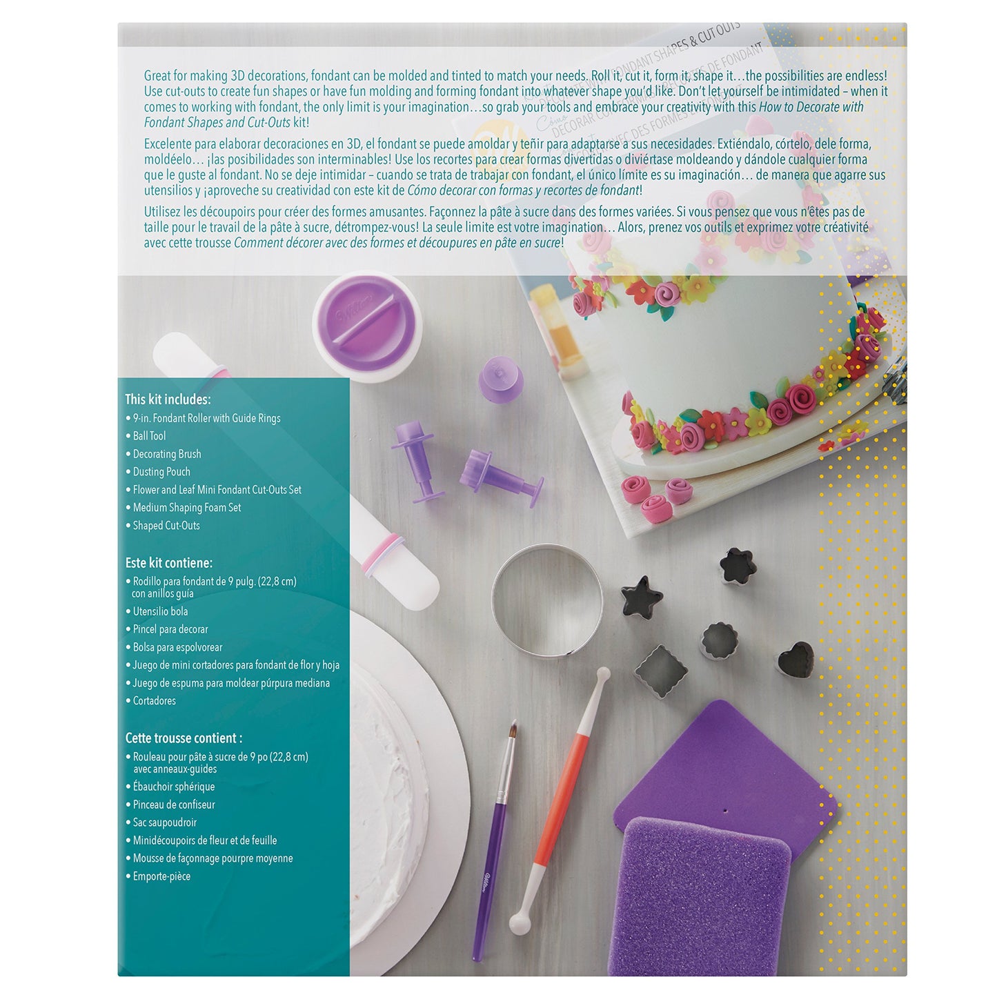 Wilton How to Decorate with Fondant Shapes and Cut-Outs Kit - 14-Piece Cake Decorating Kit with 3 Fondant Cutouts, Fondant Shaping Set, Roller, Dusting Pouch, 6 Cutters, Video Tutorial