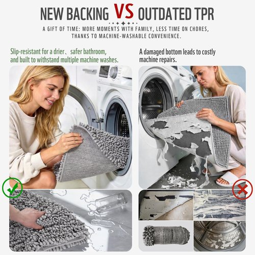 Yimobra Bathroom Rugs Non Slip Washable - Ultra Soft Absorbent Chenille Bath Mat, Quick Dry Shaggy Floor Carpet for Tub Shower, Gray Home Decor Accessories, 24x17 Inch