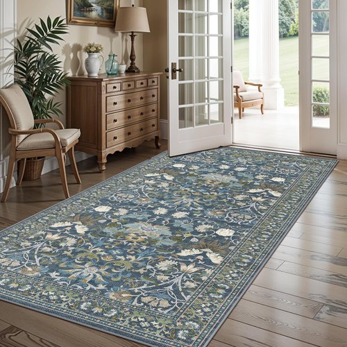 4x8 Washable Kitchen Area Rug: Farmhouse Stain-Resistant Elegant Floral Rug for Living Room Bedroom Wide Soft Carpet for Entryway Bathroom Thin Hallway Floor Mat with Non Slip Backing(4x8,Floral/Blue)