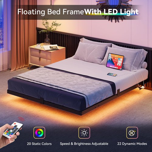 DWVO Full-Size Floating Bed Frame, Metal Platform Bed with LED Light, Charging Hub and Sturdy Steel Slats, Box Spring No Needed, Simple Setup (Black)