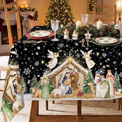 Christmas Nativity Tablecloth 60 x 120 Inch Rectangular - Black Snowflake Star Angel Manger Border