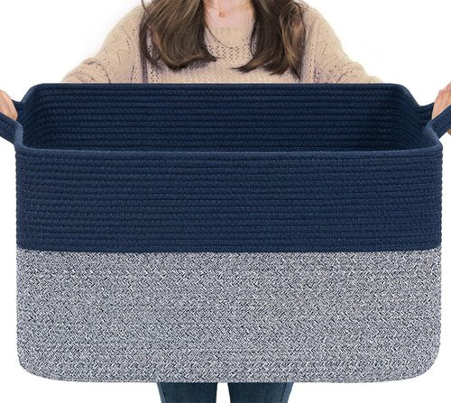 Goodpick Large Woven Blanket Basket - Decorative Cotton Rope Storage for Living Room | 22" x 17" x 12" | Mixed Blue