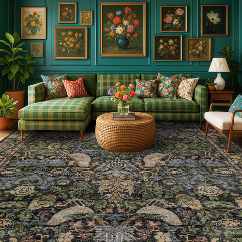 Hazo Haus Dark Living Room Rug 8x10 - Large Washable Floral Area Rugs for Dining Room Under Table, Bedroom, Office, Birds and Leaves Nature Design, Non-Slip Low Pile (Dark Green/Brown)
