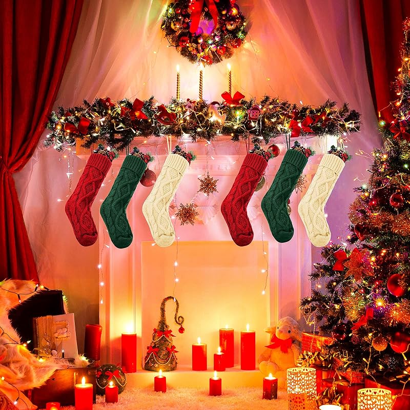 6-Pack 18 Inch Cable Knit Christmas Stockings with Hooks – White, Green, Red