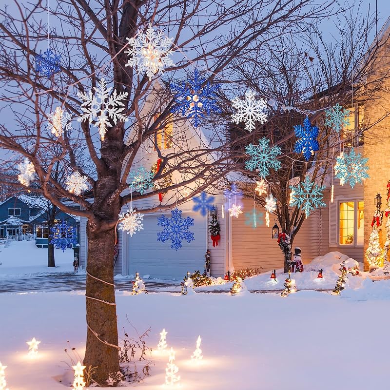 24 Pack 12" Glitter Hanging Snowflakes - Multicolor (Variation: White, Blue, Dark Blue)