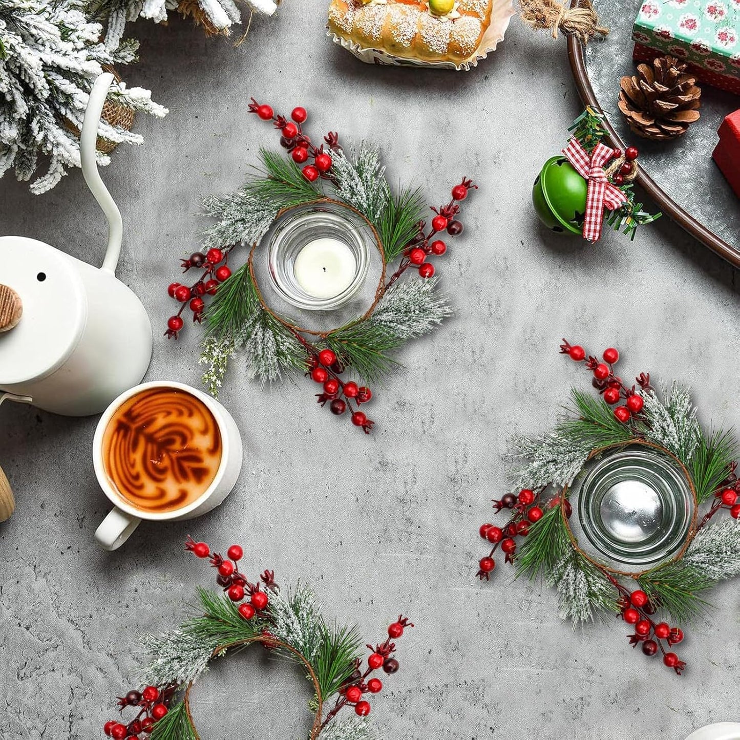 Skiennix Christmas Candle Rings - Snowy Pine Needle & Red Berry Mini Wreaths | 4PCS for Holiday Decor