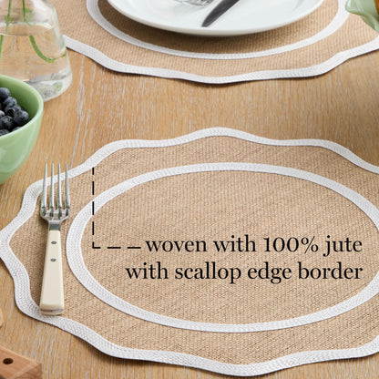 MARTHA STEWART Hessian Textured Wedge Border Placemats 6-Pack Set, 100% Natural Jute & Burlap, Woven Scallop Border Placemat, Natural/White, 15”x15” Round