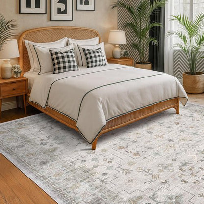 Hazo Haus Boho Living Room Rug - Light Grey Modern Vintage Floral Design | Washable 7x10 Non-Slip Area Rug